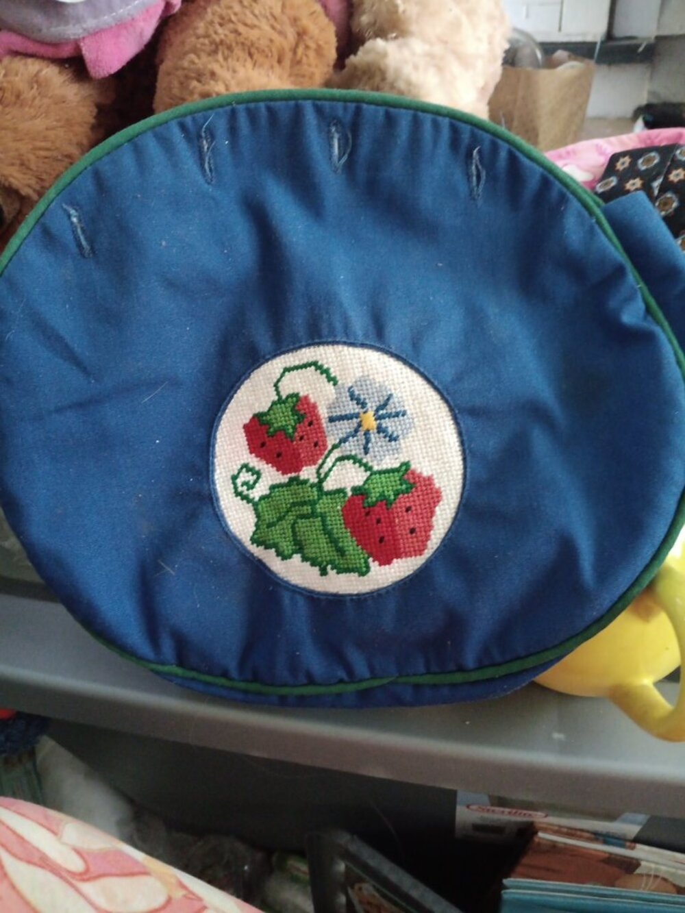 Vintage Needlepoint strawberries Blue Bermuda bag cover